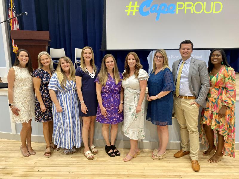Cape building-level teachers of the year gather for a photo. Shown are (l-r) Celeste Marvin, Rehoboth Elementary; Nicole Mohacey, H.O. Brittingham Elementary; Brandianne Emory, Beacon Middle; Alyssa Wilson, Sussex Consortium; Rachel Peacock, Cape High; Emily Lotter, Milton Elementary; Jodi Dean, Love Creek Elementary; Jacob Kee, Mariner Middle; and Katherine Gibbs, Lewes Elementary. SUBMITTED PHOTO